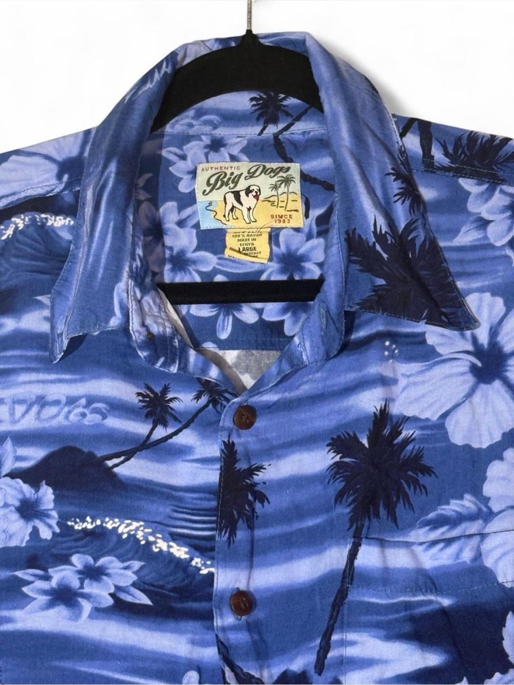 Vintage Y2K Big Dogs Blue Hibiscus Clouds Allover Print Rayon Shirt L - Picture 2 of 3